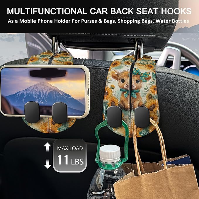 2PCS Car Hooks for Purses Bags, Highland Cow Cattle Artwork Modern Seat Back Storage Headrest Holder Hanger PU Leather Double Metal Backseat Organizer, Women Car Accessories Organization