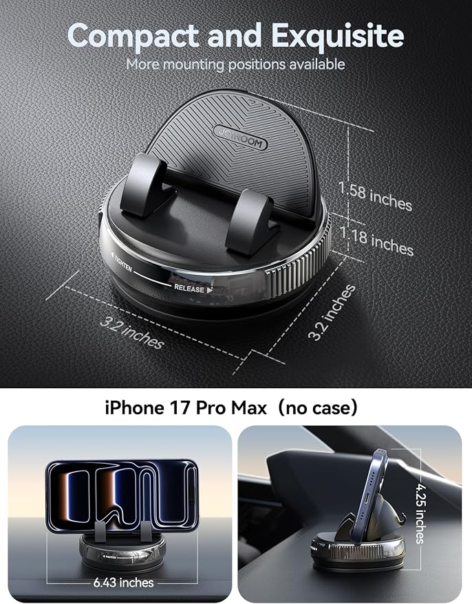 Car Phone Mount, [360° Rotation+Thick Case Friendly] Cell Phone Car Holder with Adjustable Spring Clip, Anti-Slip Silicone Universal Dashboard phone holder for Car for iPhone, Smartphones, GPS