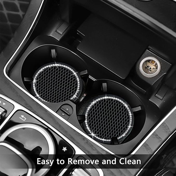 4PCS 2.75 Inch Bling Auto Car Cup Holder Insert Coasters Silicone Anti-Slip Crystal Rhinestone Drink Car Cup Mat, Universal Vehicle Interior Accessories for Women Girls (Black)