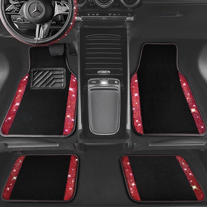 Bling Diamond Leather Steering Wheel Cover 14.5in-15in Floor Mats Shining Rhinestone Carpet Sparkly Glitter Crystal Anti-Slip Pad Fit Automotive SUV Pickup Truck Girl Women, 5pcs Black Red