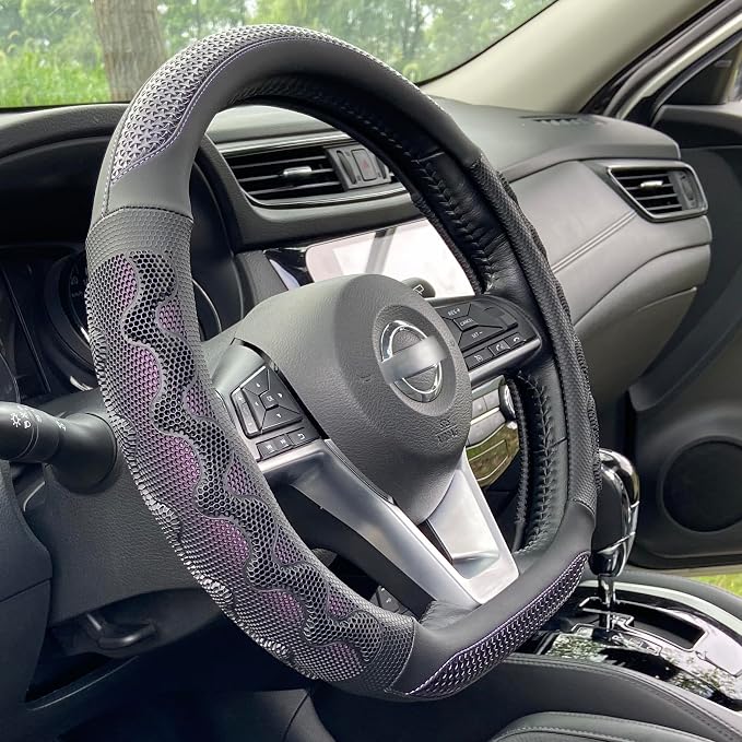 D Shaped 14.5-15 Inch Steering Wheel Cover Great Grip with 3D Honeycomb Anti-Slip Design, Flat Bottom 14.5-15 Inch (Purple)