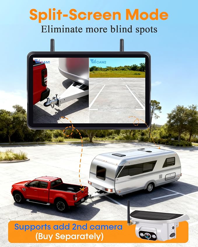 Wireless Backup Camera for Towable-RV: 1-Second Magnetic No Wiring Long Distance Signal for Thor/Forest River Series RVs - 7.3" Recording Monitor HD 1080P Auto Sleep Solar RV Backup Camera