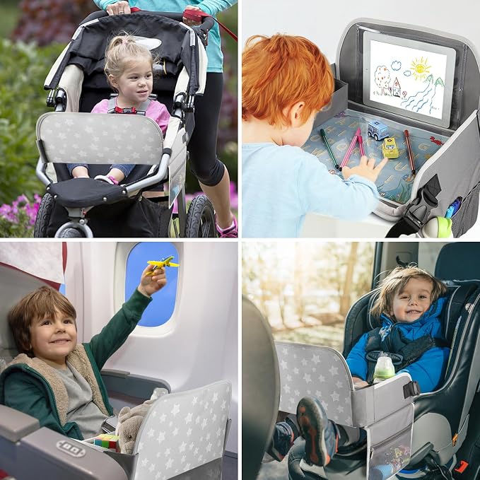 Kids Travel Tray for Boys or Girls, Travel Tray for Kids Car Seat with Tablet Holder, Dry Erase Board & Cooler Cup Holder, Road Trip Essentials Accessories for Car Trip, Airplane (2 Pack)