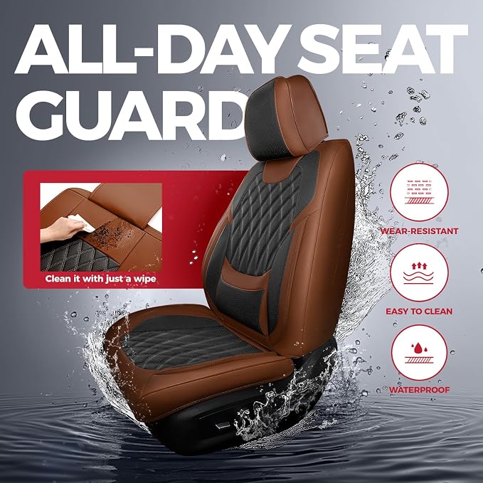Black Brown Car Seat Covers Full Set - Faux Nappa Leather Seat Covers for Cars, Breathable Waterproof Front Seats Protector with Lumbar Support, Universal Fit for Automotive Sedan SUVs Pickups