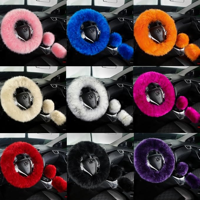 Fluffy Genuine Sheepskin Steering Wheel Cover Set for Women Parents-Fuzzy Soft Australian Merino Wool Wrap with Gear Shift and Hand Brake Covers, Cozy Stylish Luxury Car Accessories (Black)