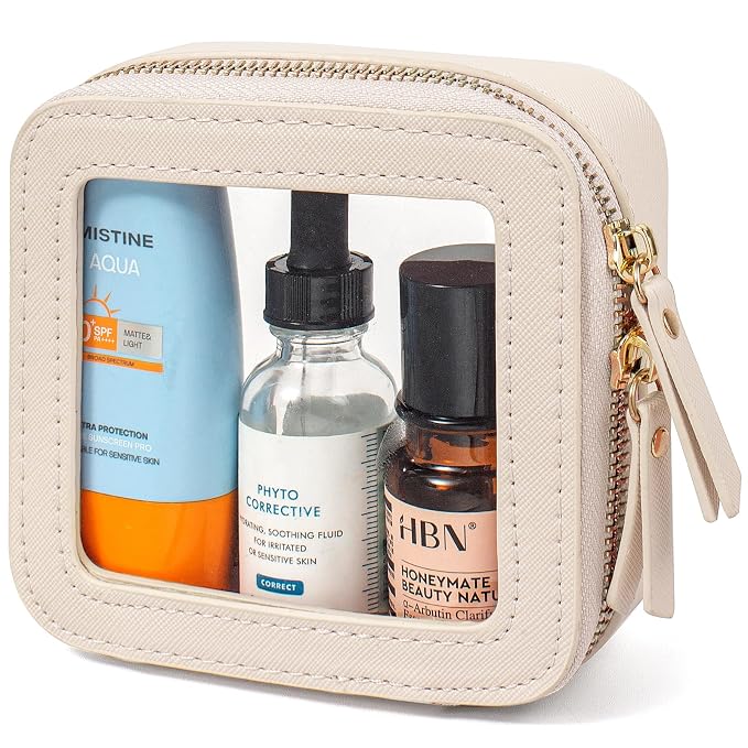 Clear Makeup Bags for Beach,Clear Makeup Bag for Purse,Mini Clear Makeup Pouch Purse Organizer Fit Carry-on Travel Essentials,Clear Cosmetic Bags for Car Accessories for Women (Mini-Beige)