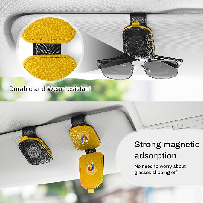 Sunglasses Holder for Car, Leather Magnetic Buckle Sun Visor Sunglass Clip, Ticket Card Storage Glasses Clip, Car Interior Accessories for Men and Women（2PCS Black-Yellow）
