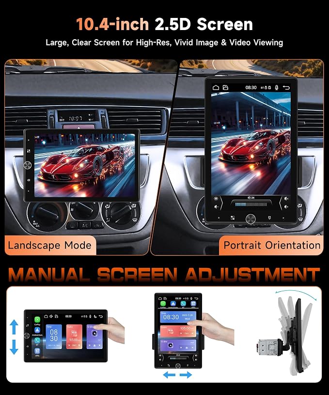 10.4'' Single Din Car Stereo with Wireless CarPlay Android Auto, HD Rotation Touchscreen Radio with Bluetooth, USB, Mirror Link, SWC, Car Play, FM/RDS Radio, Backup Camera