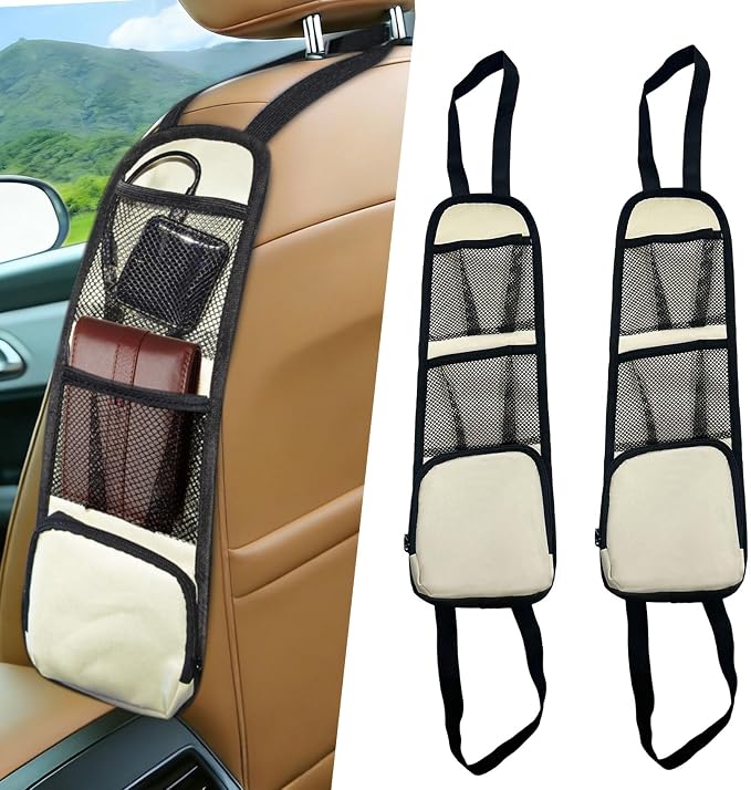 Car Seat Side Storage Pocket, Car Multifunctional Seat Organizer Hanging Bag, Auto Mobile Phone Wallet Sunglasses Mesh Net Pocket, Auto Accessories for Cars SUVs Trucks (Beige, 2PCS)
