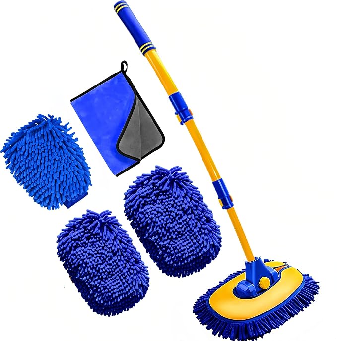MVEQRRN 15°Curved Chenille Car Wash Brush Mop with Long Handle(Blue) | Car Washing Mitt & Brush Kit, Scratch-Free Replaceable Head, Microfiber Towel for Auto Detailing, Car, SUV Exterior