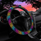 Neon Rainbow Leopard Print Steering Wheel Cover for Women Men Neoprene Breathable Wheel Cover Protector Anti-Slip Car Accessories Universal 15 Inch Fit for Cars Trucks Vehicles