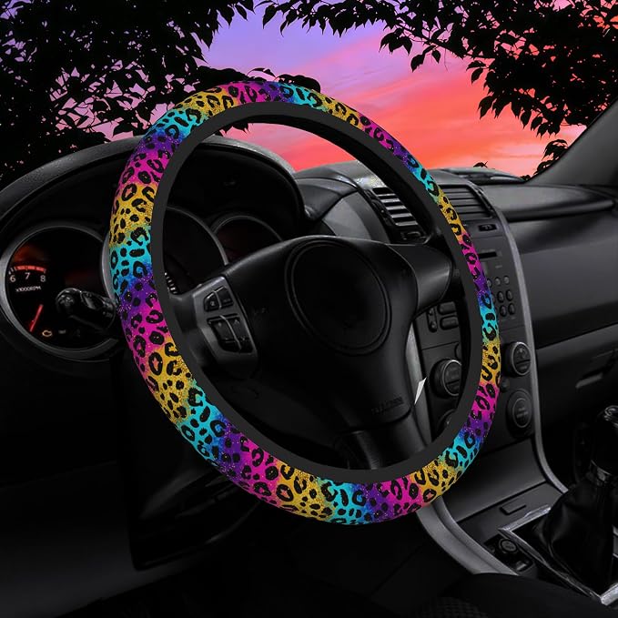 Neon Rainbow Leopard Print Steering Wheel Cover for Women Men Neoprene Breathable Wheel Cover Protector Anti-Slip Car Accessories Universal 15 Inch Fit for Cars Trucks Vehicles