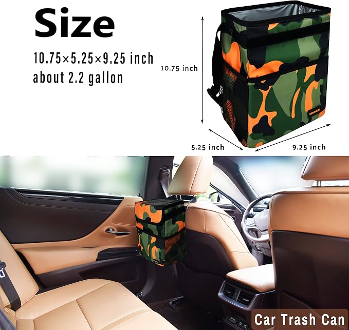 Cute Car Trash Can with Lid – Multipurpose Collapsible Trash Bin for Car, Leak-Proof Organizer, Waterproof Garbage Can with Storage Pockets & Adjustable Straps, 2 Gallons (Camo Orange)