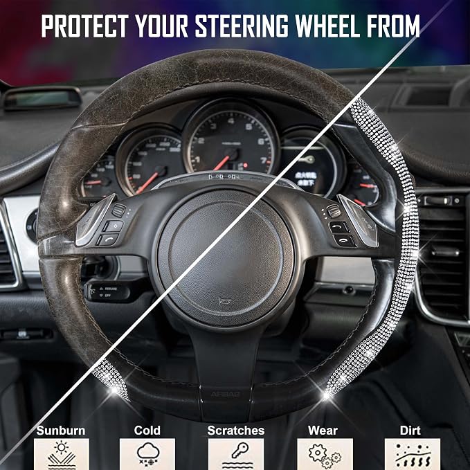 Bling Diamond Segmented Steering Wheel Cover with Crystal Rhinestones, 2PCS Wheel Protector Non-Slip Cute Car Accessories Universal Fit D-Shape O-Shape 14.5" to 16" for Women, Silver Diamond