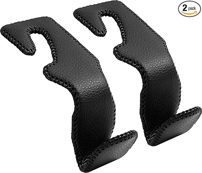 Headrest Hooks for Purses and Bags，Vehicle Back Seat Headrest Hanger Matching Cars Interior Genuine Leather Storage Holder Hook, 2 Pack, Black