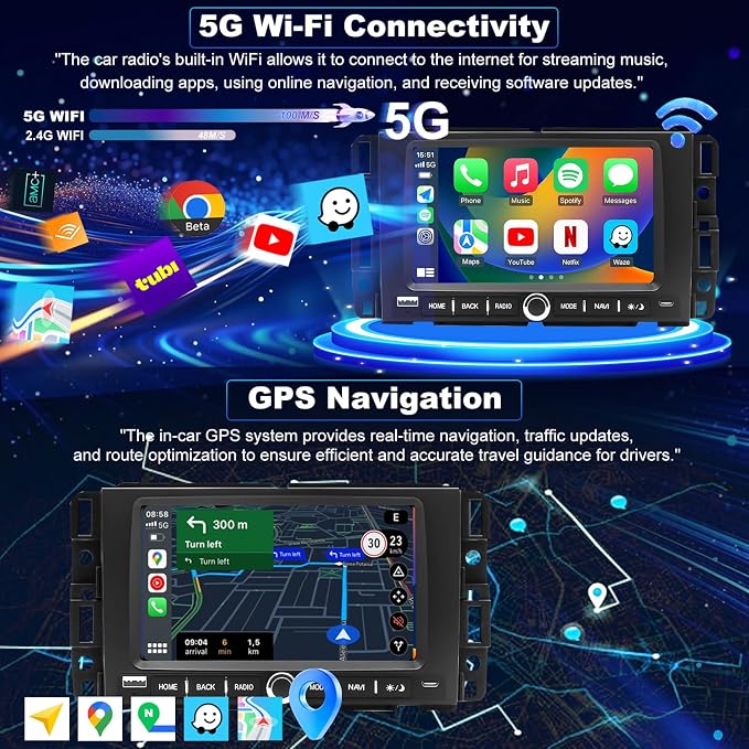 5GWifi Upgrade Radio for Chevy Silverado 1500/2500/3500 2007-2013, Express Van 1500/2500/3500 2008-2026, GMC Yukon Acadia 2007-2012, 7" Touch Screen Stereo Wireless Carplay Android Auto GPS FM Camera