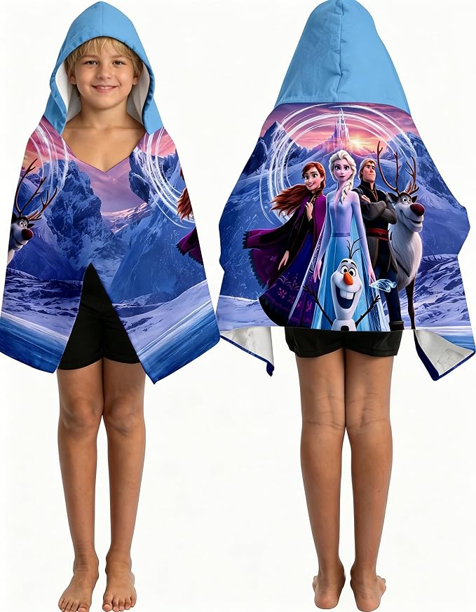 Frozen Printed Soft Cotton Terry Hooded Towel Wrap, Absorbent Hooded Poncho Towel for Bath Pool Beach, 28 in x 55 in