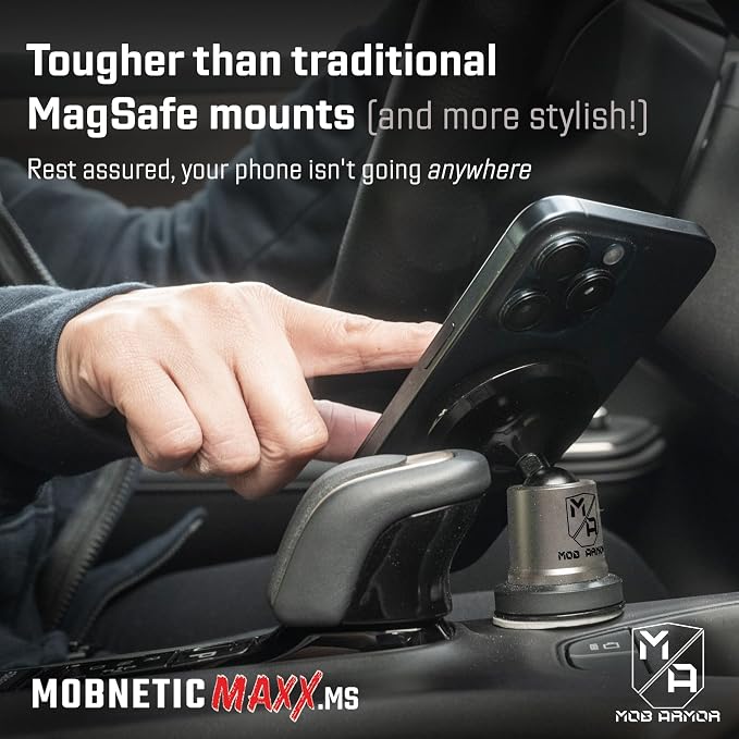 MobNetic Maxx MS - MagSafe Compatible Car Phone Mount w/ 90º Tilt, 360º Rotation & Durable Aluminum Build, Magnetic Holder for iPhone & Android Devices, USA Assembled - Gun Metal