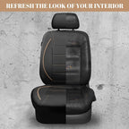 Universal FIT Piping Leather Two Front Seat Covers, Waterproof Faux Leather for SUV Sedan Van Truck, Airbag Compatible,Reserved Opening Holes for Headrest Covers. (Black and Beige)
