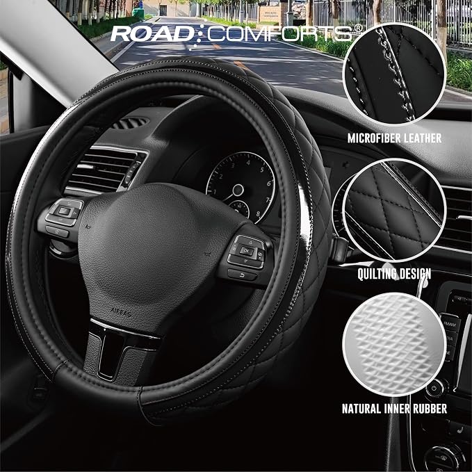 Leather Steering Wheel Cover – Black & Black, Universal Fit 14.5-15 Inch, Microfiber Leather, Anti-Slip & Breathable Design for Men and Women