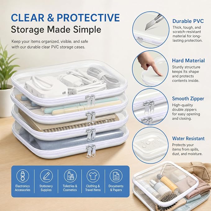 Clear Hard Plastic Zipper Case,Transparent Double Zippers Hard Pouch with 3pcs,Portable Travel Organizer Bin for Toy Storage