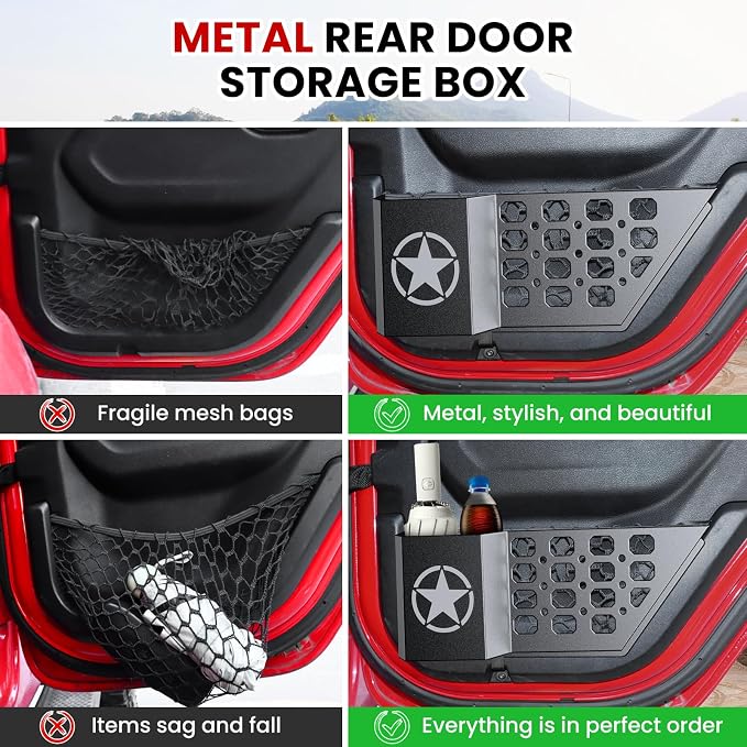 Metal Rear Door Pocket Storage Box for Jeep Wrangler JL JLU 4XE 2018-2026 & Gladiator JT 2020-2023 2023 2024 2025 2026 Accessories Door Storage Organizer Molle Panels, Star, 2PCS