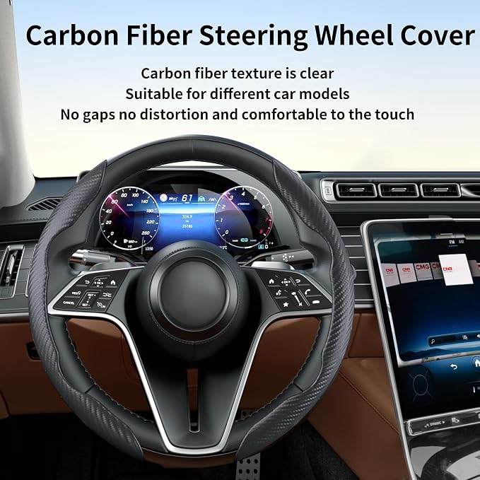 2Pc Carbon Fiber Steering Wheel Cover Universal Fit 99% Cars | Non-slip soft grip, easy to wipe clean, quick to install, perfect for daily commutes and road trips, Black