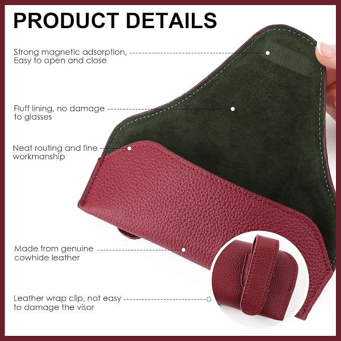 Magnetic Sunglass Holder for Car Visor, Leather Car Glasses Holder | Red Visor Accessories Eyeglasses Holder Glasses Storage Case
