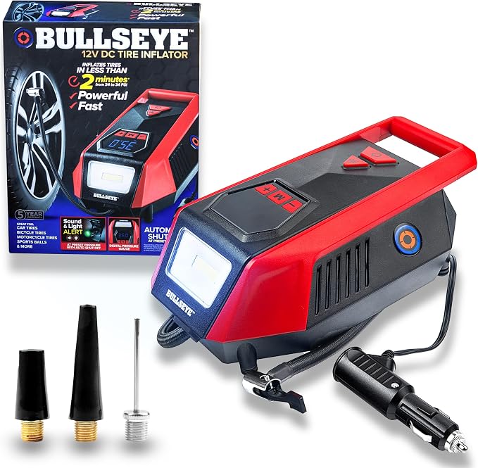 Bullseye 12V DC Car Tire Inflator Portable Air Compressor - Rapid 2 Minute Inflation, Auto Shut-Off, Max 150 PSI, Easy Cord Storage, Digital Pressure Gauge, LED Display - (Red) - As Seen on TV