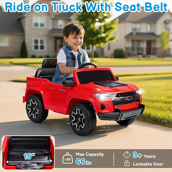 Licensed Chevrolet Colorado Electric Car for Kids, 12V Ride on Toys for Toddlers with Remote Control, Battery Powered Electric Car Ride On Vehicle w/Bluetooth, Soft Start, LED Lights - Red