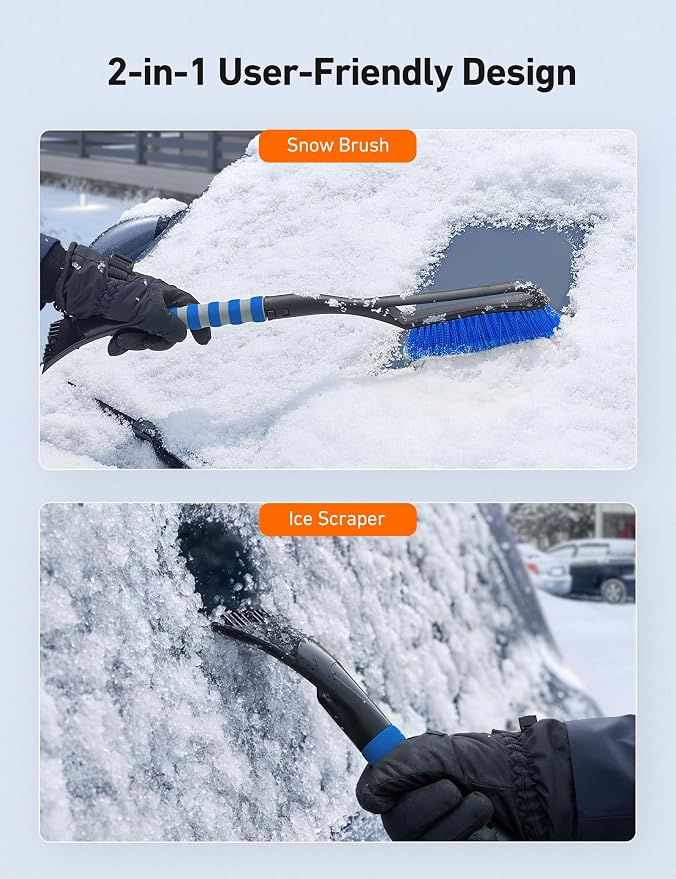 27" Snow Brush and Ice Scrapers for Car Windshield, Detachable Snow Scrapers with Ergonomic Foam Grip for Cars, Trucks, SUVs (Heavy Duty ABS, PVC Brush, Blue)