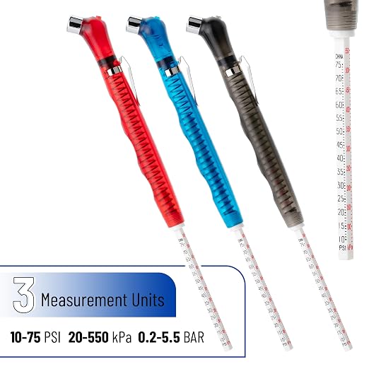 Pencil Tire Gauge - 3 Pack, 10-75 PSI, Car & Bike Tire Pressure Gauge