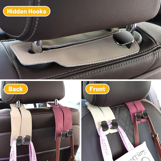 Amelity Car Headrest Hooks, Purse Hook for Vehicle 4 Pack Beige | Universal Car Interior Accessories for Women, Available in 2/4 Pack, Storage Hanger Holds Purses, Backpacks, Grocery Bags