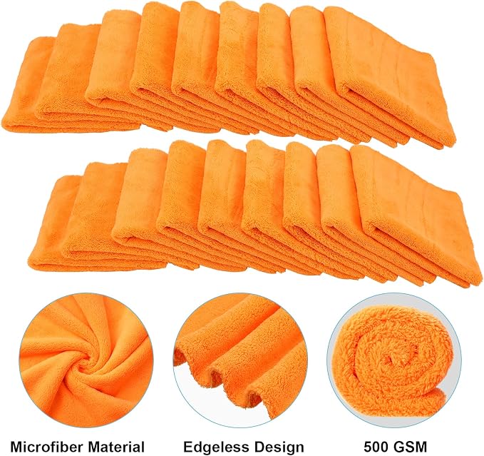 30 Pcs 16 x 16 Inch Edgeless Microfiber Plush Towels for Cars Detailing Drying Wash Polishing Absorbent Cleaning Cloths, 500 GSM (Orange)