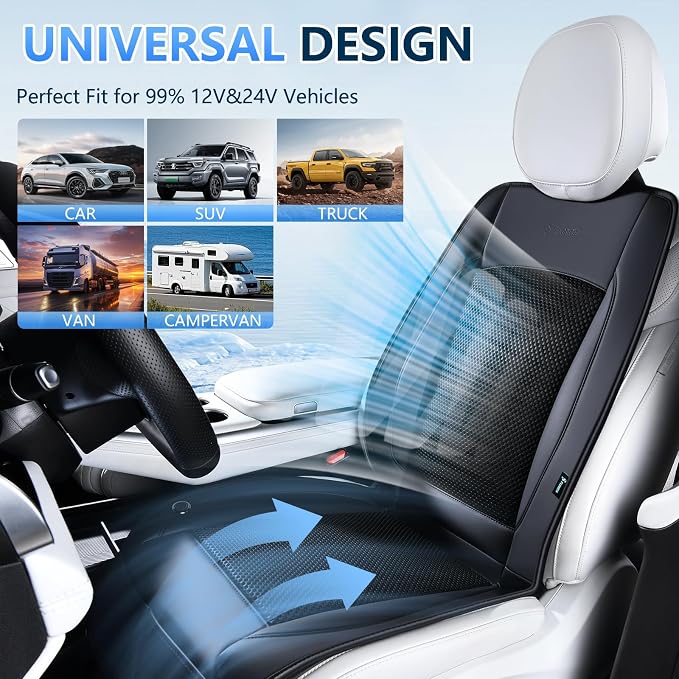 Upgraded Cooling Car Seat Cover Front Seat with Blowing&Suction, 12V-24V Ventilated Car Seat Cushion with 2 Turbo Fans, 3-Speed Adjustable Universal Fit Breathable Car Cushion for Summer Driving-Black