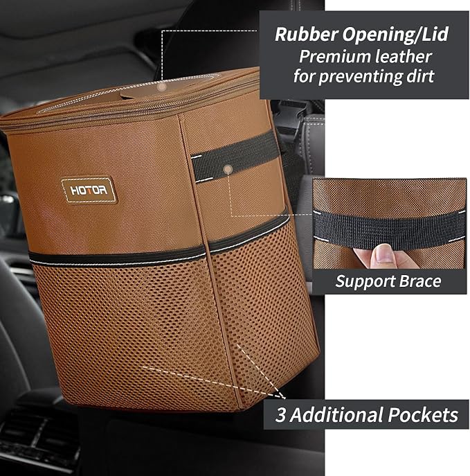 Brown Car Trash Can with Adjustable Strap, Magnetic Snaps, Waterproof Lining, and Storage Pocket