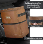 Brown Car Trash Can with Adjustable Strap, Magnetic Snaps, Waterproof Lining, and Storage Pocket