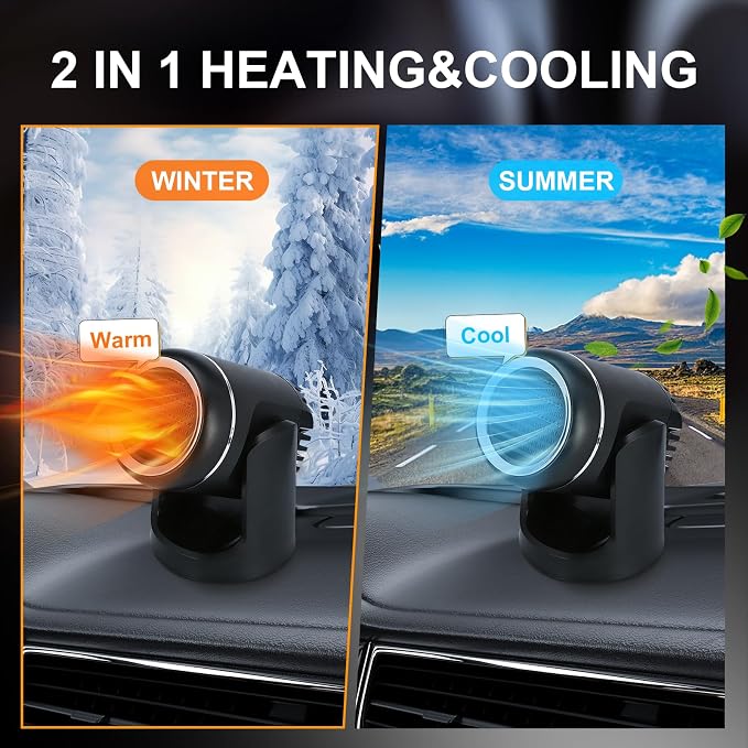 12V 150W Portable Car Heater with Quick-Start Heating, 360-Degree Rotary Defroster and Fast Demisting Cooling Air Purify,Small and portable