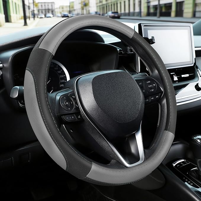 Black and Gray Microfiber Auto Car Steering Wheel Cover Universal 15 inch