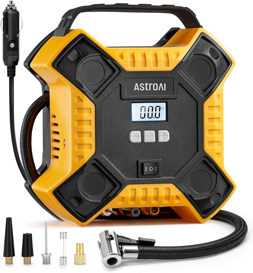 Tire Inflator PortableAir Compressor 160PSI, 12V DC (NO AC) 10Ft Cord with Integrated Metal Structure, LED Light Air Pump for Car Tires, Bicycles, Motorcycles and Other Inflatables(Yellow)