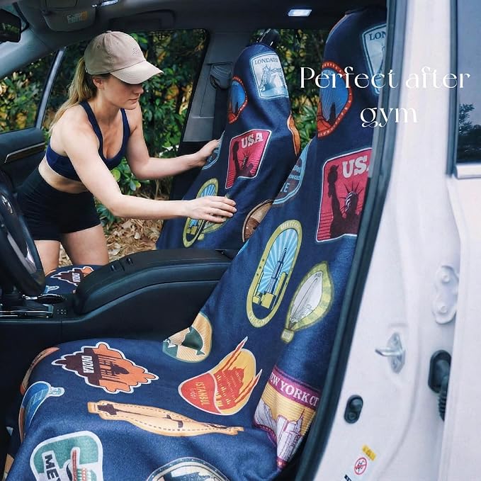 Car Seat Cover Towel for Front Seats Non-Slip with Headrest Pocket & Strap | Universal Fit for Cars Truck SUV|Car Seat Hoodie & Phocho Perfect After Gym Workout, Beach,Yoga and Running|Anti-dog Scratch