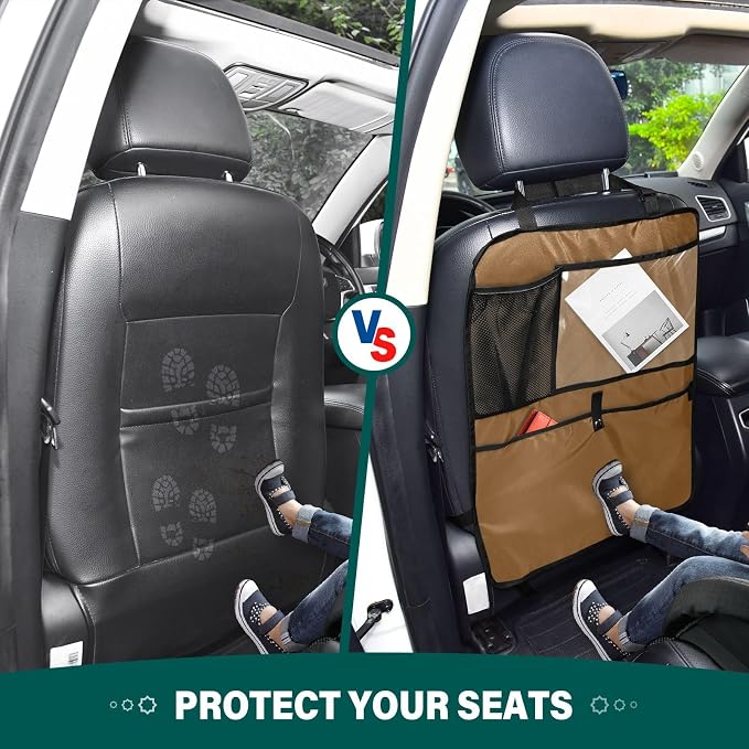Brown Car Seat Organizer for Kids Backseat Kick Mat with Adjustable Strap Back Seat Protector for Vehicle Car SUV 2 Pcs