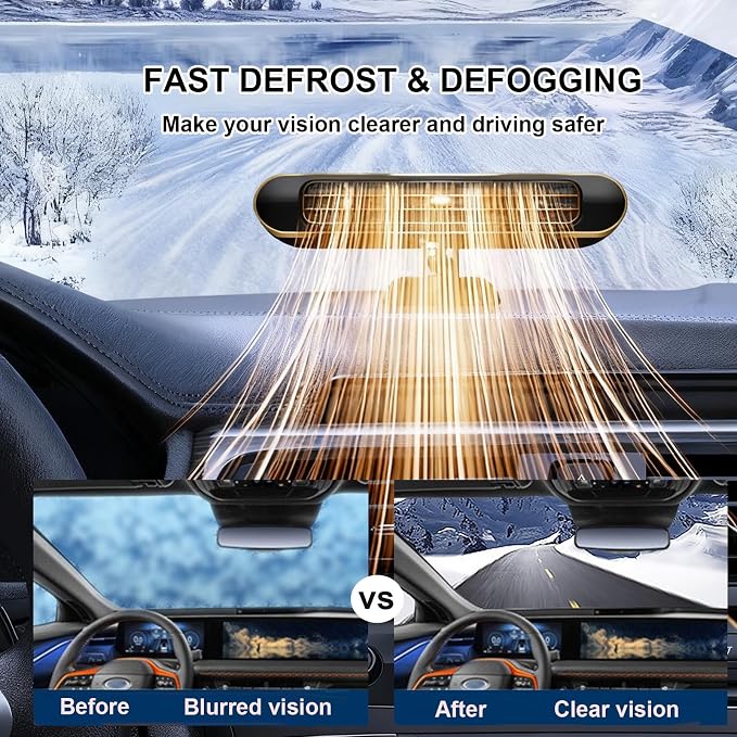 Car Heater,12V Portable Heating & Cooling Fast Heating Defrost Defogger for Car Windshield, Plugs into Cigarette Lighter,Car Defroster Windshield WIth Rotation Stand Holder
