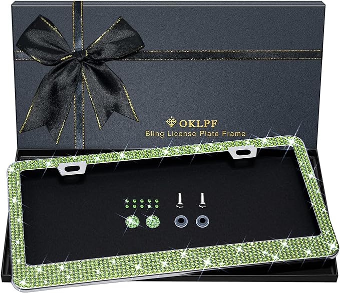 Bling License Plate Frame for Women, 1PCS Sparkly License Plate Frames| Over 1200 pcs 14 Facets Bedazzled Clear Glass Diamond Rhinestone Crystals w/Free Glitter Diamond Box (Olive Green)