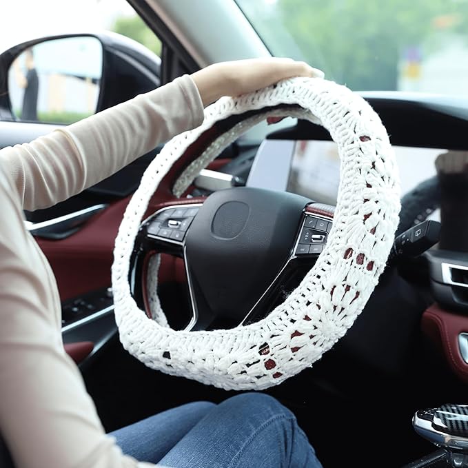 Crochet Steering Wheel Cover Set,Cute Car Steering Wheel Cover Boho 14-15in,Handmade Sunflower Granny Square Pattern,Women Car Accessories (A Wheel Cover)