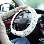 Crochet Steering Wheel Cover Set,Cute Car Steering Wheel Cover Boho 14-15in,Handmade Sunflower Granny Square Pattern,Women Car Accessories (A Wheel Cover)
