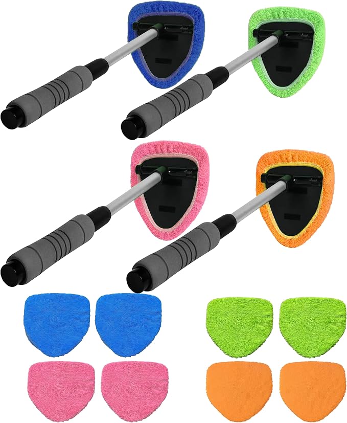 Car Windshield Cleaner Tool with Reusable Microfiber Pads Extendable Handle(1, Blue)