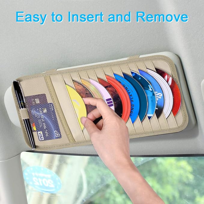 Car CD Case Holder, Vehicle Sun Visor Organizer for Cars with 12 DVD Storage Sleeves, 1 Mesh Pocket, 1 Pen Holder and Elastic Strap, Khaki