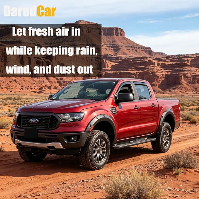 in-Channel Window Visors Vent Deflectors Sun Shade Rian Guard for Ford Ranger SuperCrew Cab 2024 2025 2026 Smoke Tinted