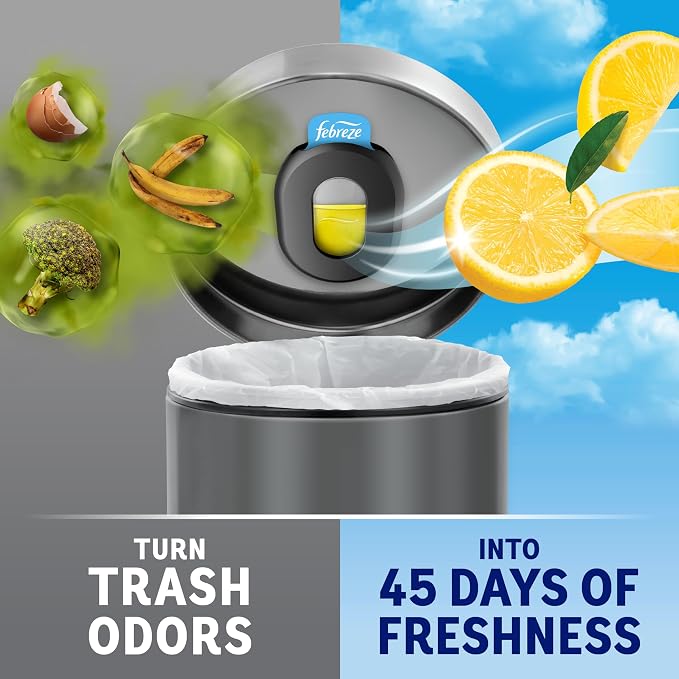 Trash Odor Fighter, Trash Can Air Freshener, Stick-On Deodorizer for Garbage Cans, Diaper Pails, Works with Scented Trash Bags, Fresh Lemon and Linen & Sky Scents, 2 Holders + 2 Refills